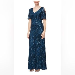 Alex Evenings Navy Blue Sequin Maxi Dress